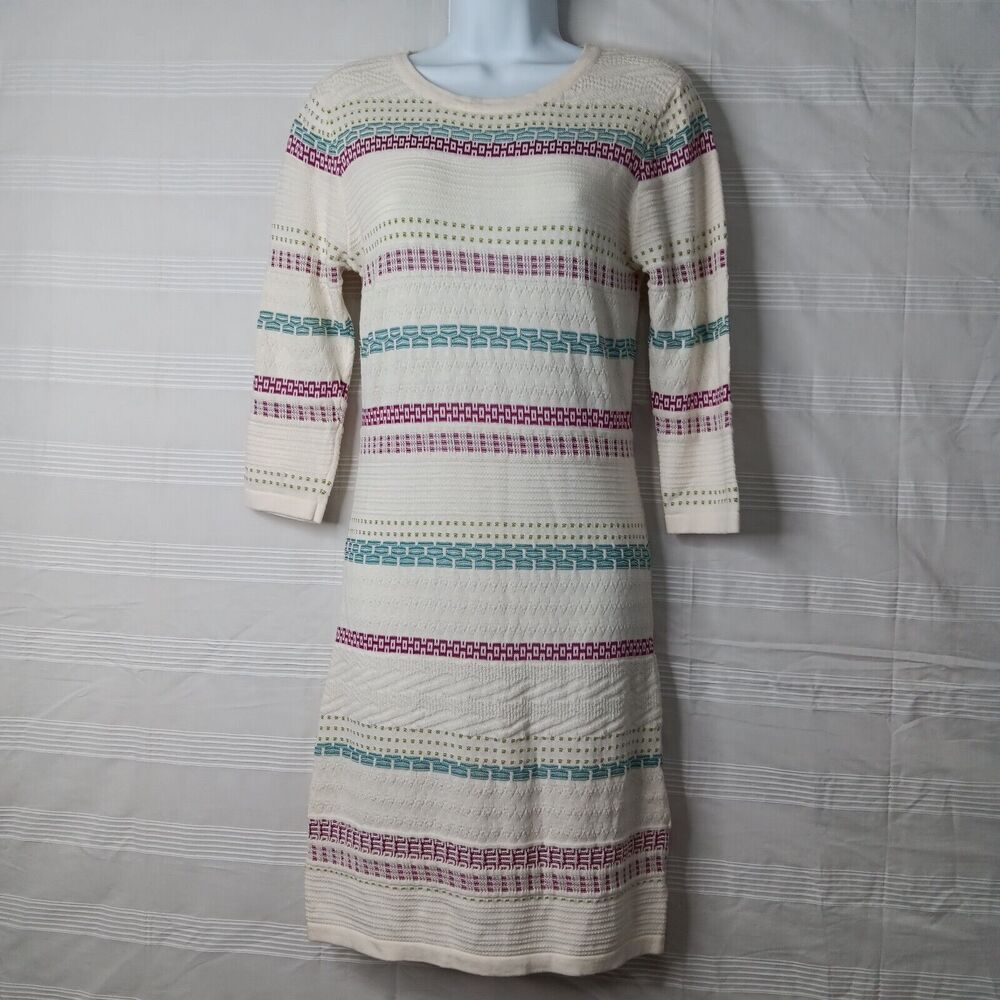 Under Skies Lightweight Sweater Shift Dress 3/4 Sleeve Cream w/ Green Red Size 8